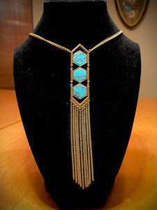 24" long gold plated chain with long turquoise 3 stone pendant