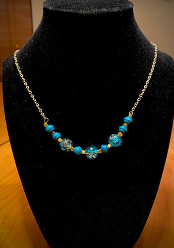 Blue Wood/ Crystals Necklace